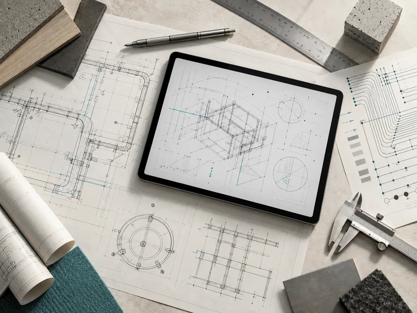Engineering drawings, a tablet, calipers and material samples on a desk, typical of technical consultancy.