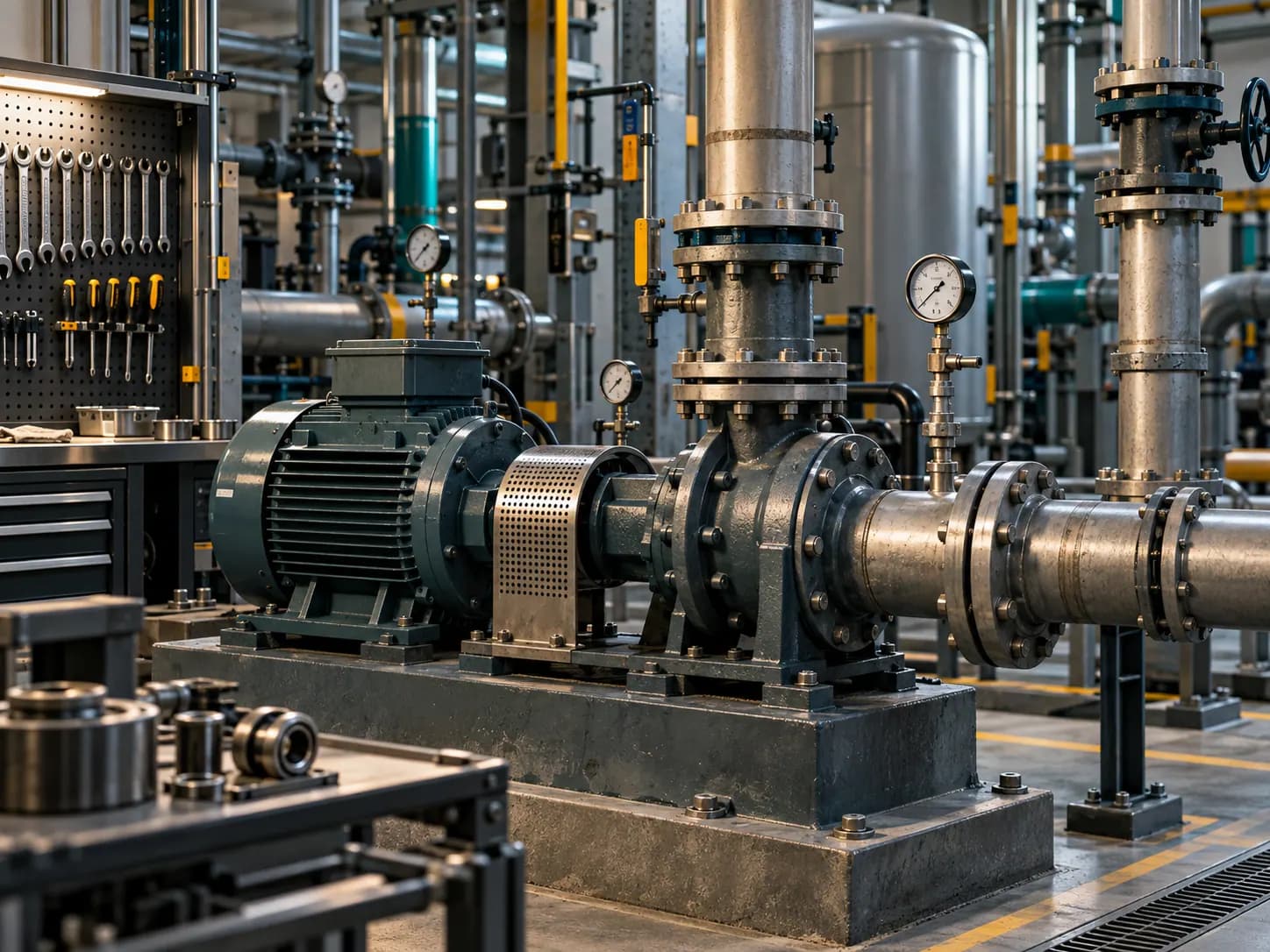 Industrial pump, motor and pipework on a plant floor, typical of industrial maintenance.