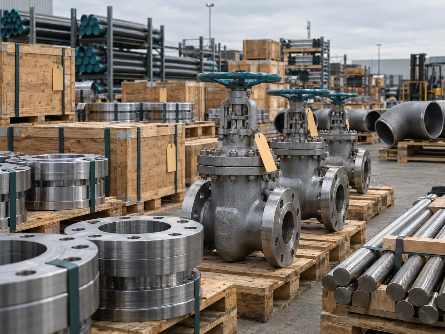 Flanged valves, fittings and crate-stored materials in a warehouse, typical of oil-and-gas procurement.