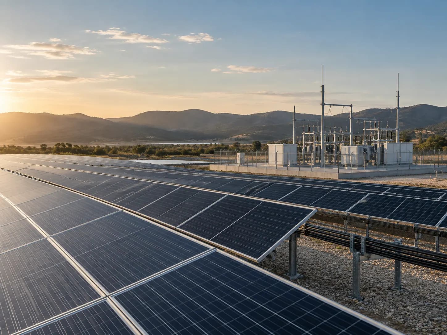 Solar array and a small substation in open country, typical of renewable-energy delivery.